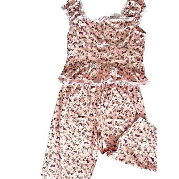 Jolie Intimates Size 2X Pajama Set Pink Butterflies Floral Lace Bow 100% Cotton - Picture 4 of 11